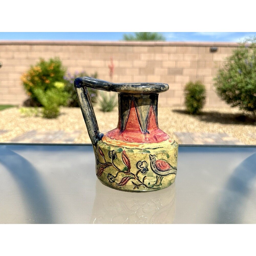 Vintage France Majolica Glazed Urn Vase Folk Art Pottery Birds & Floral Design